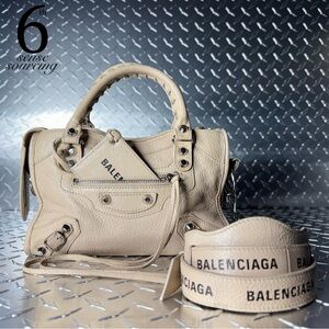 Balenciaga Agneau Classic Mini City Moto Bag with Logo Strap in Beige